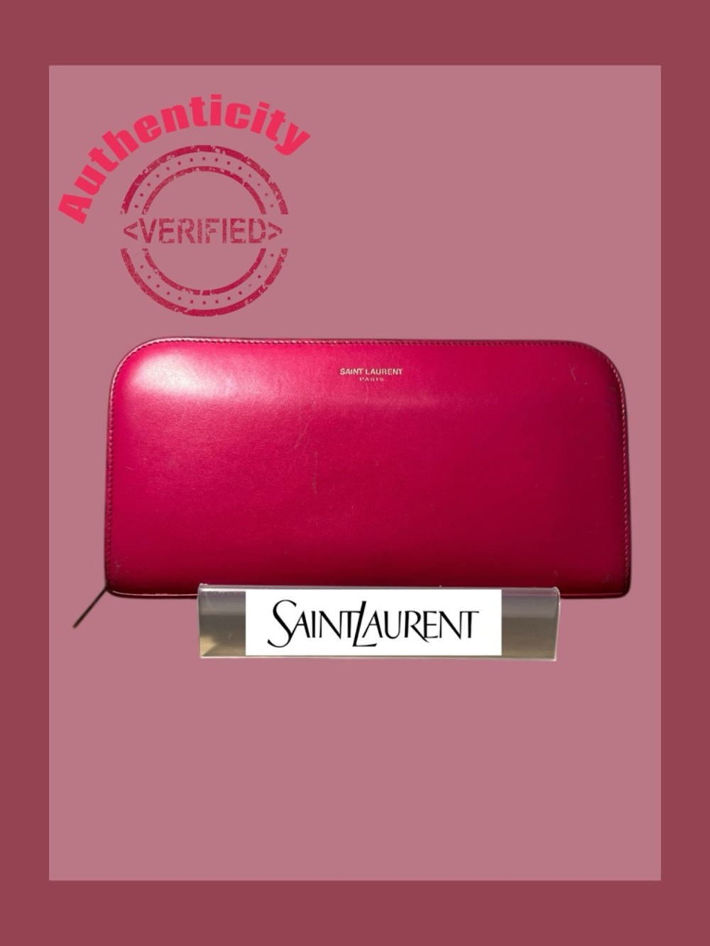 SAINT LAURENT PARIS HOT PINK ZIP AROUND WALLET W/ Authentication